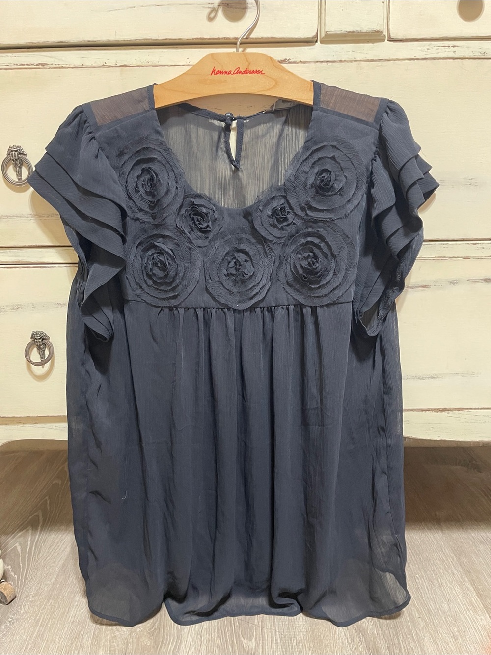 Floral Appliqué Navy Short Sleeve Blouse